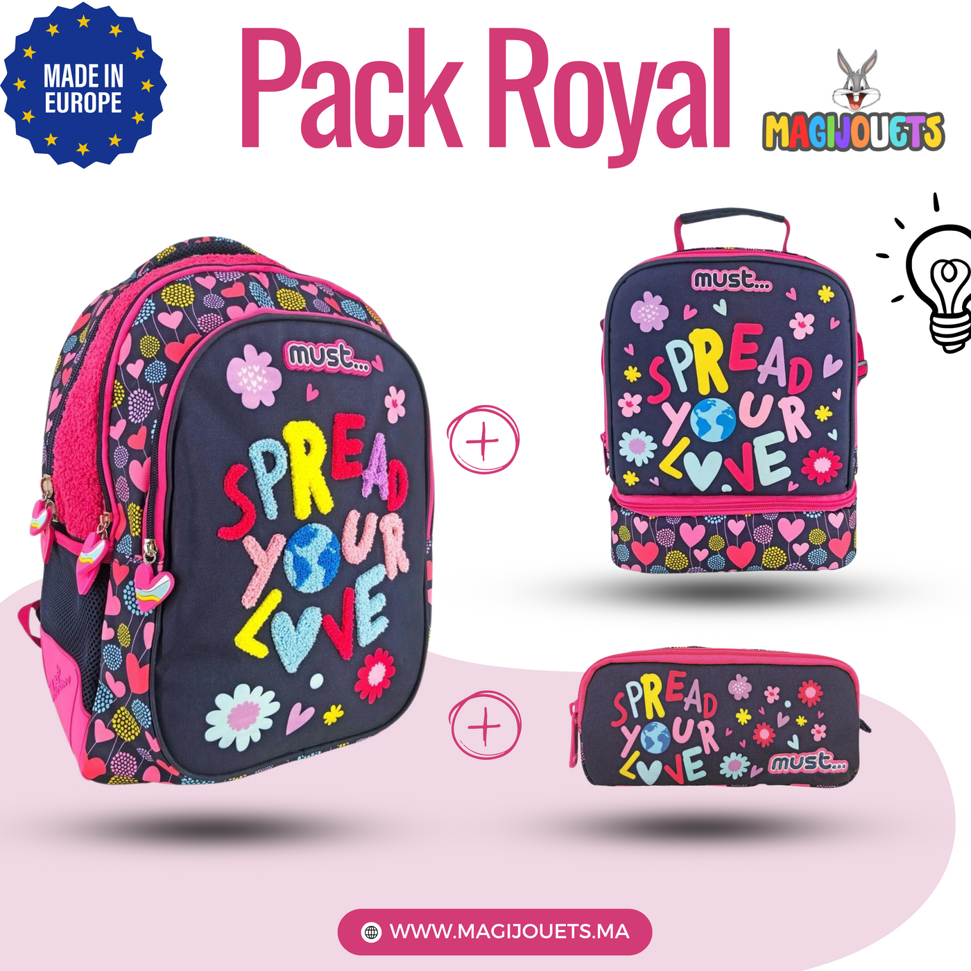 PACK Primaire Sac a Dos + Sac a repas + Trousse MUST Spread your love