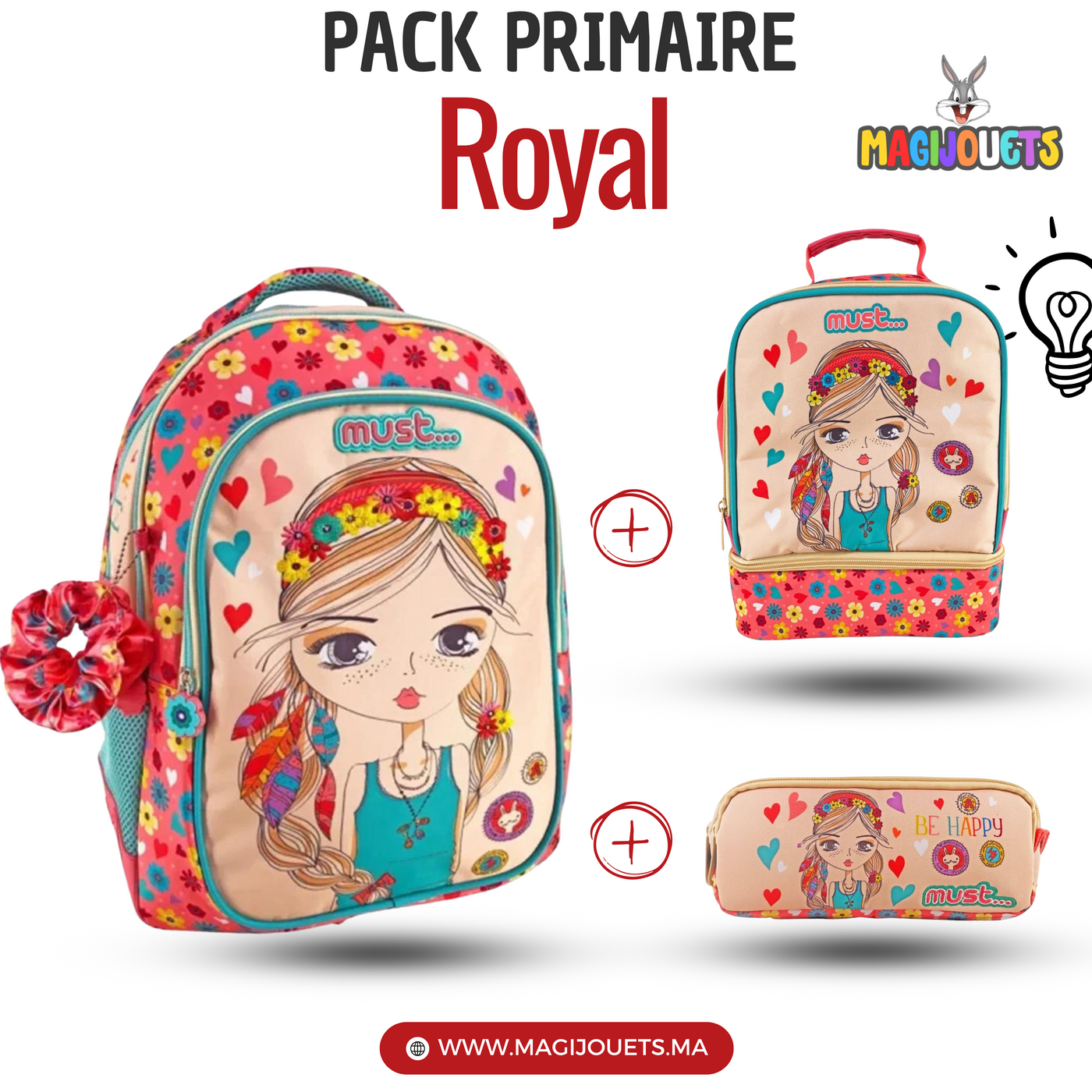 PACK Primaire Sac a Dos + Sac a repas + Trousse MUST Be Happy