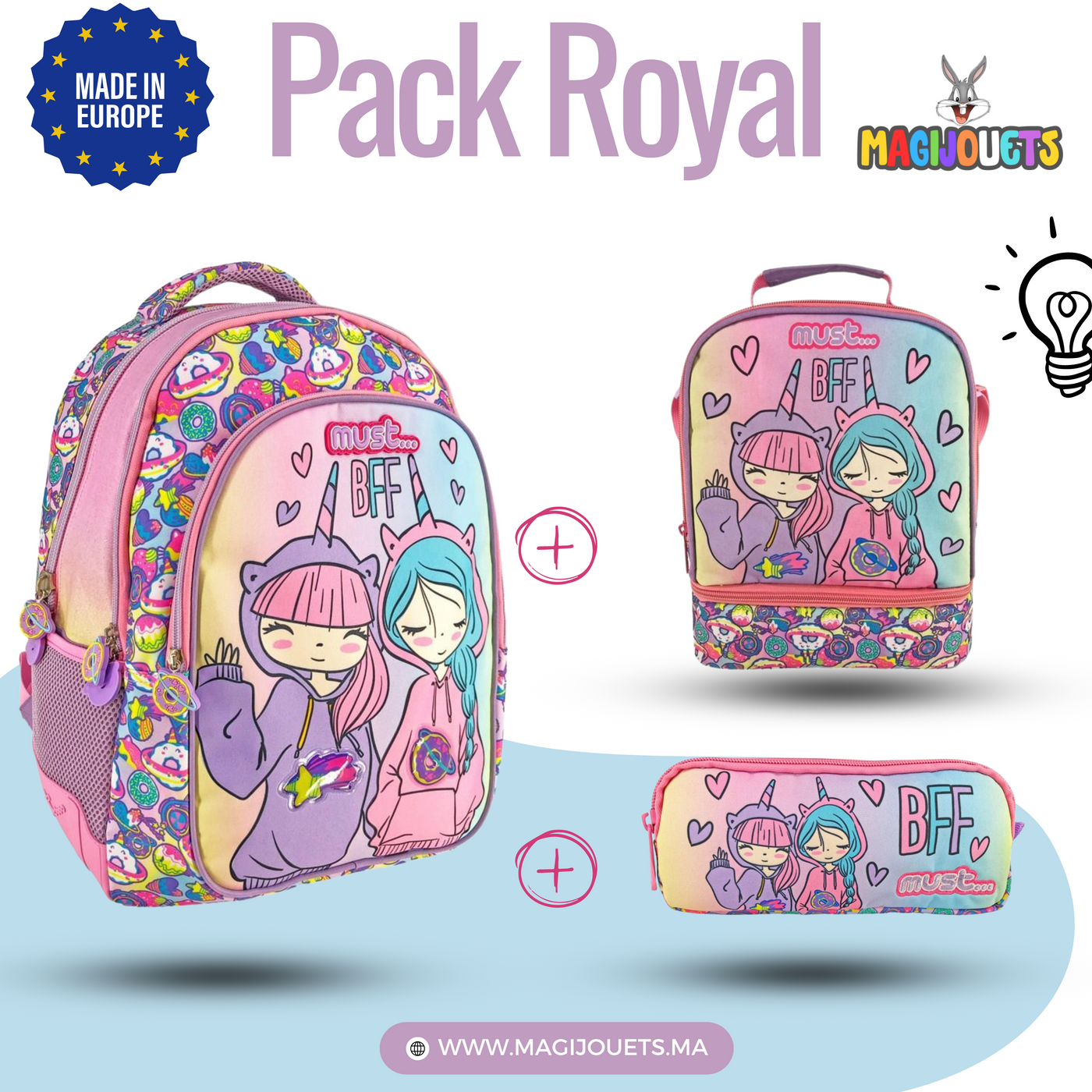 PACK Primaire Sac a Dos + Sac a repas + Trousse MUST Best friends For Ever