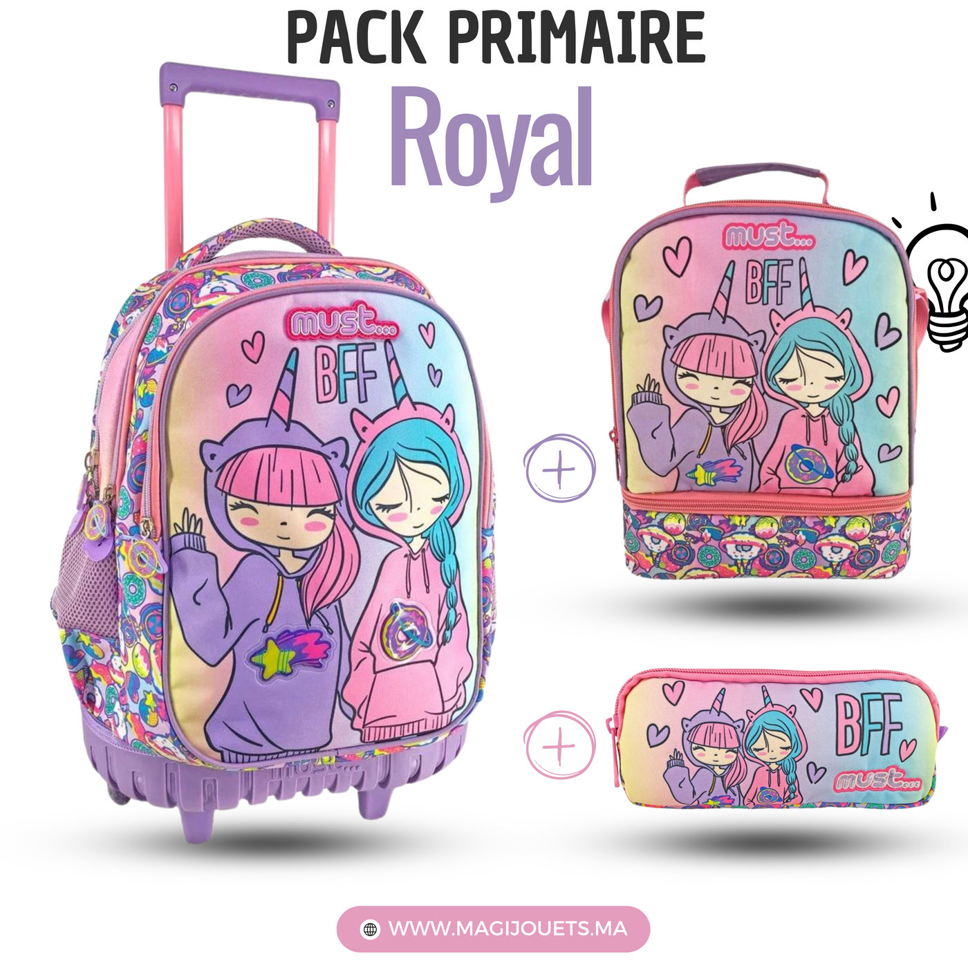 PACK Primaire à roulettes + Sac a repas + Trousse MUST BFF 45 cm