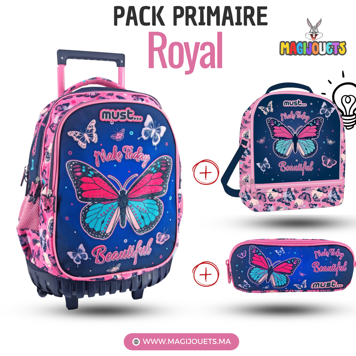 PACK Primaire à roulettes + Sac a repas + Trousse MUST butterfly 45 cm