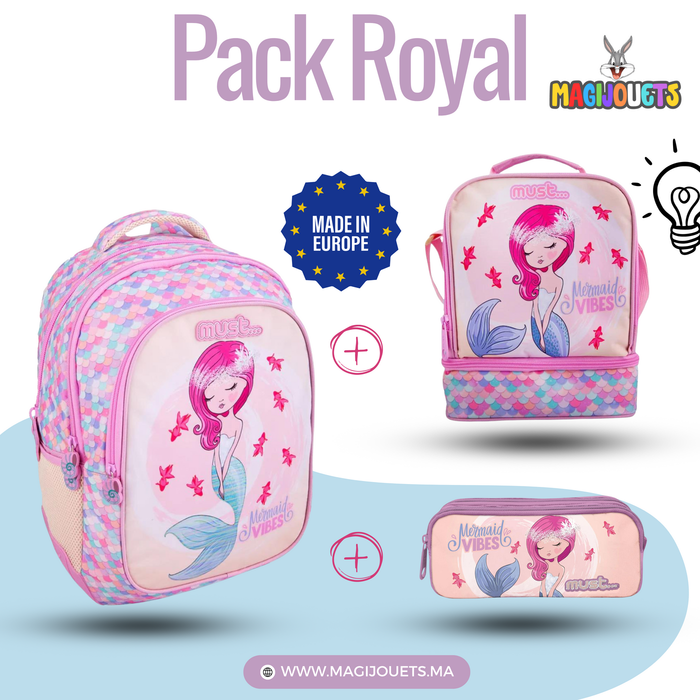 PACK Primaire Sac a Dos + Sac a repas + Trousse MUST Mermaid vibes