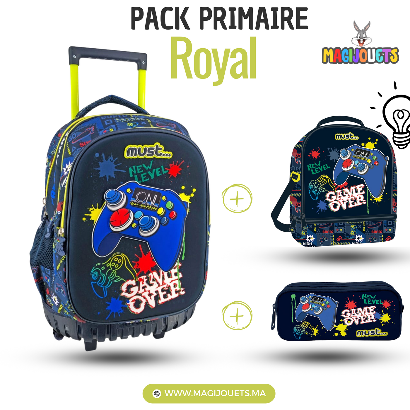 PACK Primaire à roulettes + Sac a repas + Trousse MUST Game Over 45 cm