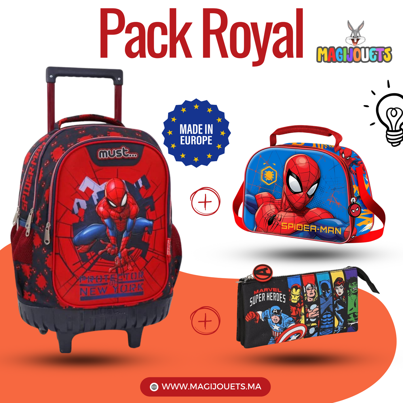 PACK Primaire à roulettes + Sac a repas + Trousse MUST Spider man 45 cm