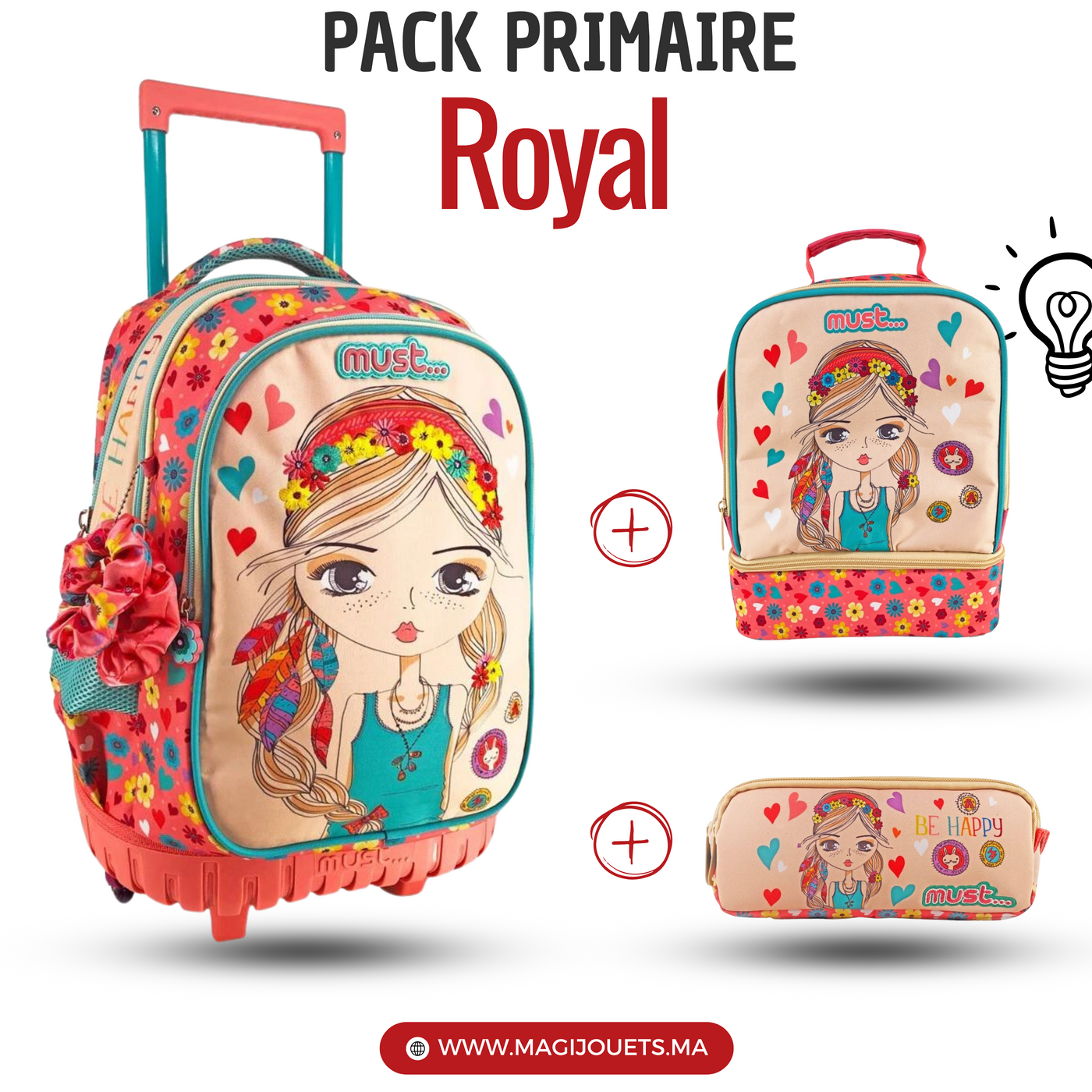 PACK Primaire à roulettes + Sac a repas + Trousse MUST Be Happy 45 cm